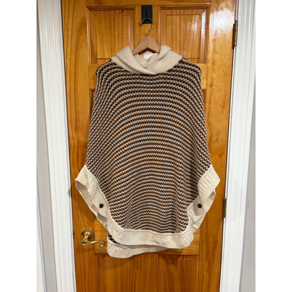 Talbots Fair Isle Knit Poncho Sweater Hooded Cowl Neck Neutral Pattern M